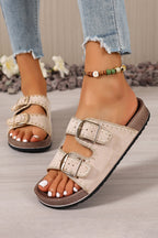 Beige Embroidered Trim Retro Buckle Faux Suede Slippers
