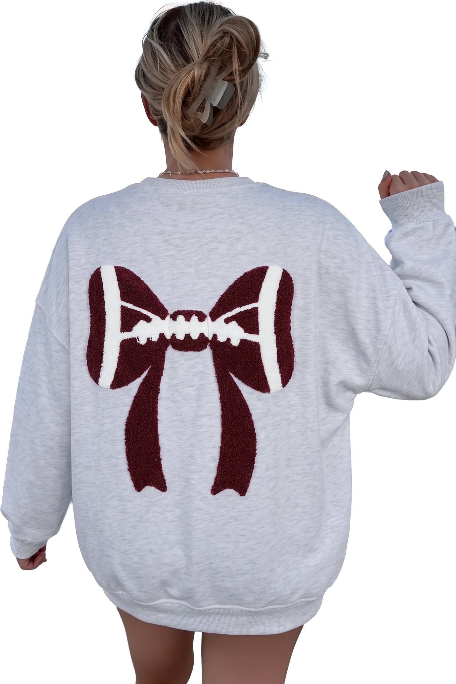 Gray Chenille Embroidered Rugby Bow Game Day Oversized Sweatshirt