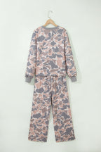 Multicolour Camouflage Print Long Sleeve Top Loose 2pcs Pants Set