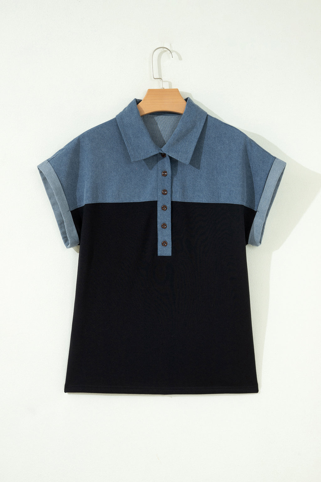 Black Color Block Denim Patchwork Button Polo Collar Short Sleeve Top