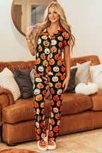 Orange Halloween Pattern Short Sleeve Shirt Pajama Set