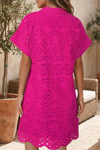White Solid Color Eyelet Embroidered T Shirt Mini Dress