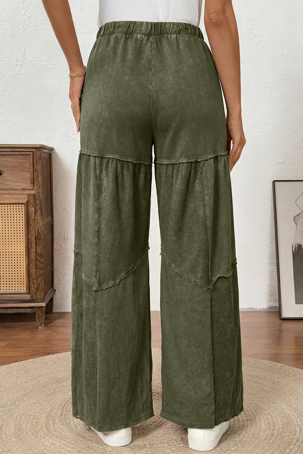 Black Mineral Wash Tiered Wide Leg Patchwork Drawstring Pants