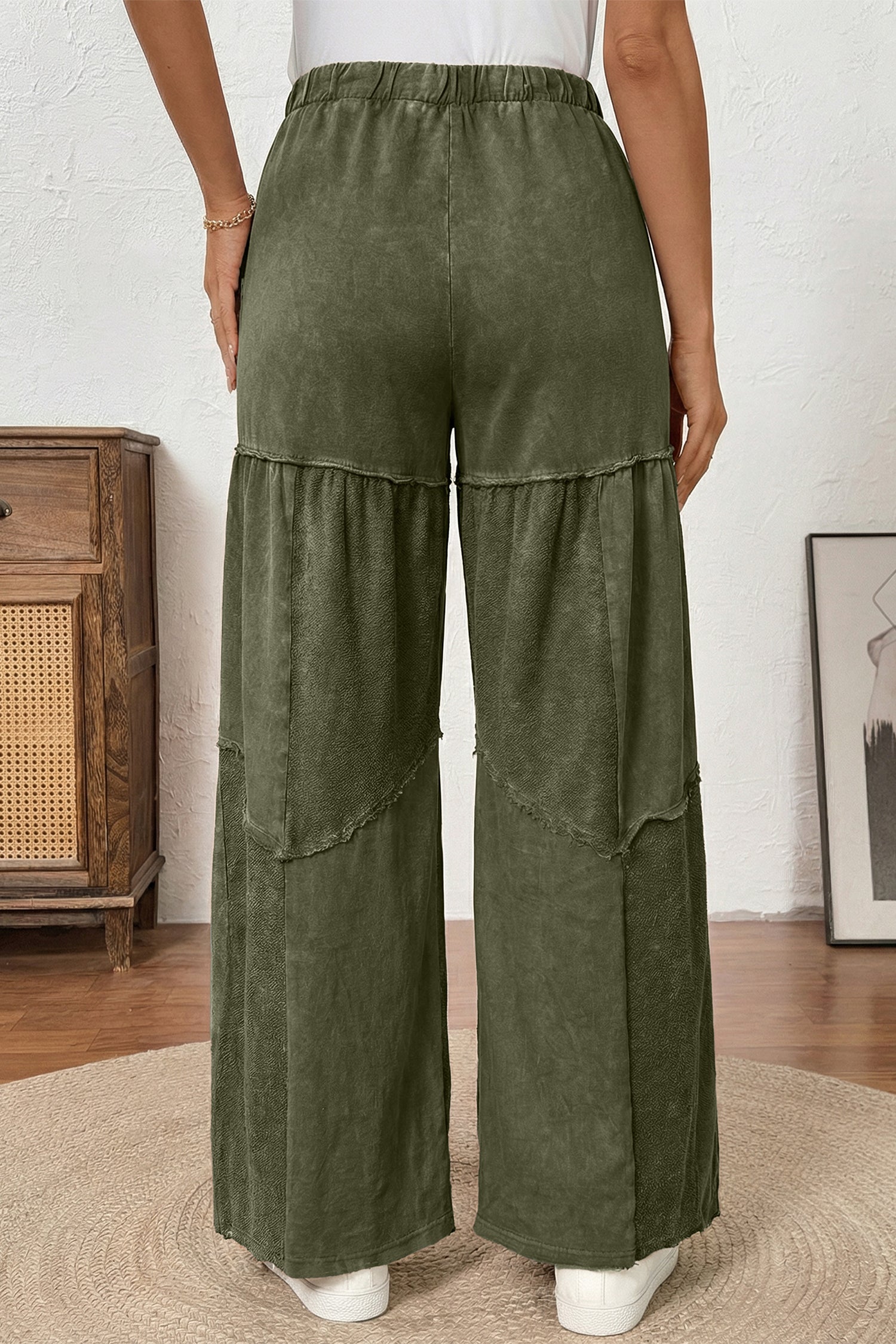 Black Mineral Wash Tiered Wide Leg Patchwork Drawstring Pants