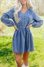 Myosotis Puff Sleeve V Neck Ruffled Loose Denim Mini Dress