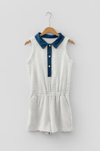 Light Grey Denim Patchwork Polo Collar Elastic Waist Sleeveless Romper