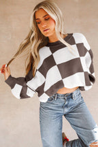 Khaki Checkered Bishop Sleeve Sweater