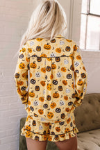 Orange Long Sleeve Ruffle Pumpkin Face Print Two Piece Lounge Set