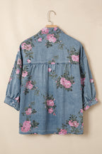 Blue Bracelet Sleeve Floral Denim Shirt