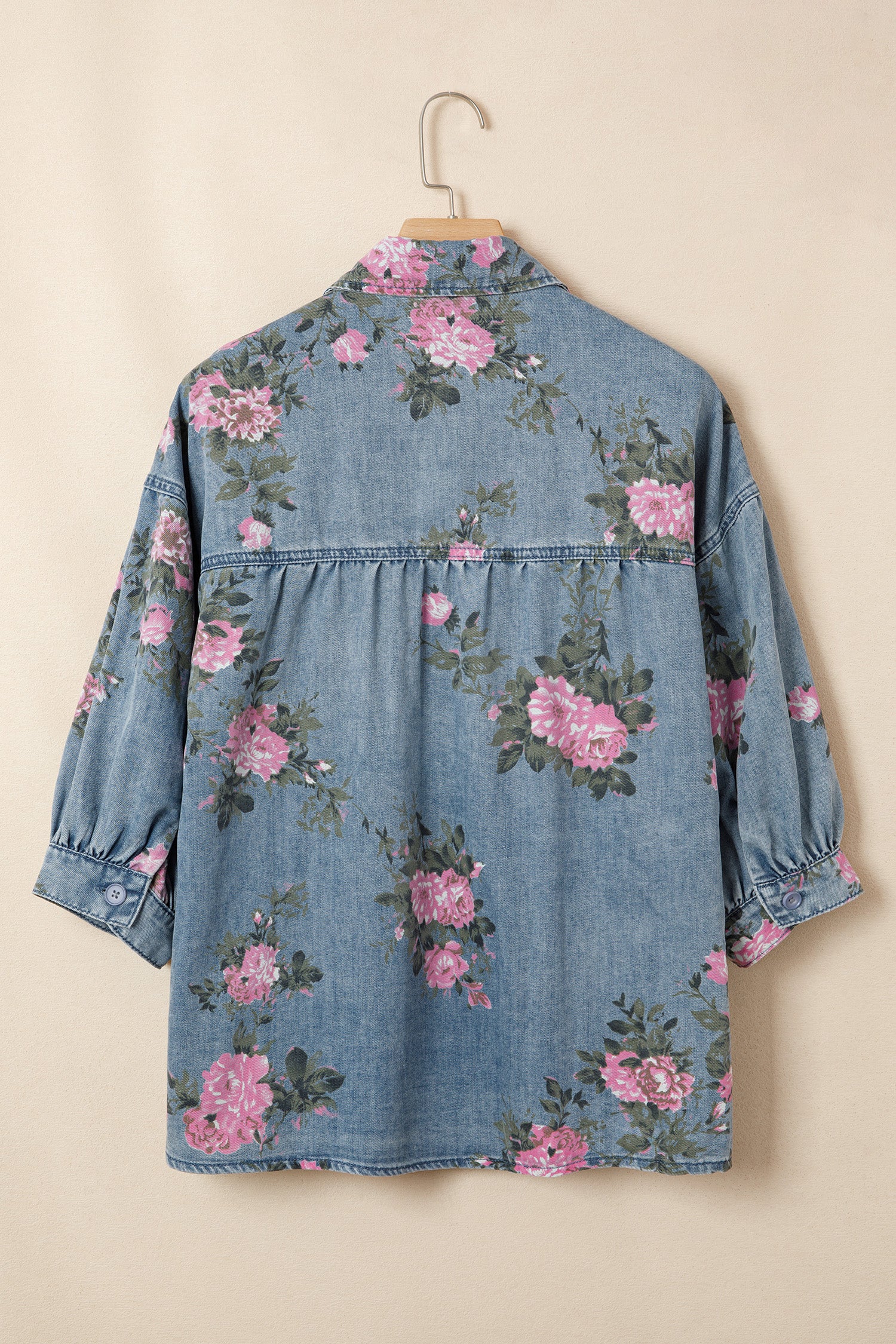 Blue Bracelet Sleeve Floral Denim Shirt