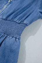 Blue V Neck Shirred Waist Metal Zipper Denim Midi Dress