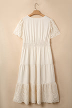 Apricot Plus Size V Neck Lacy Embroidery Patchwork Short Sleeve Maxi Dress