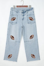 Beau Blue Sequin Detail Patched Rugby Pattern Raw Hem Shift Jeans