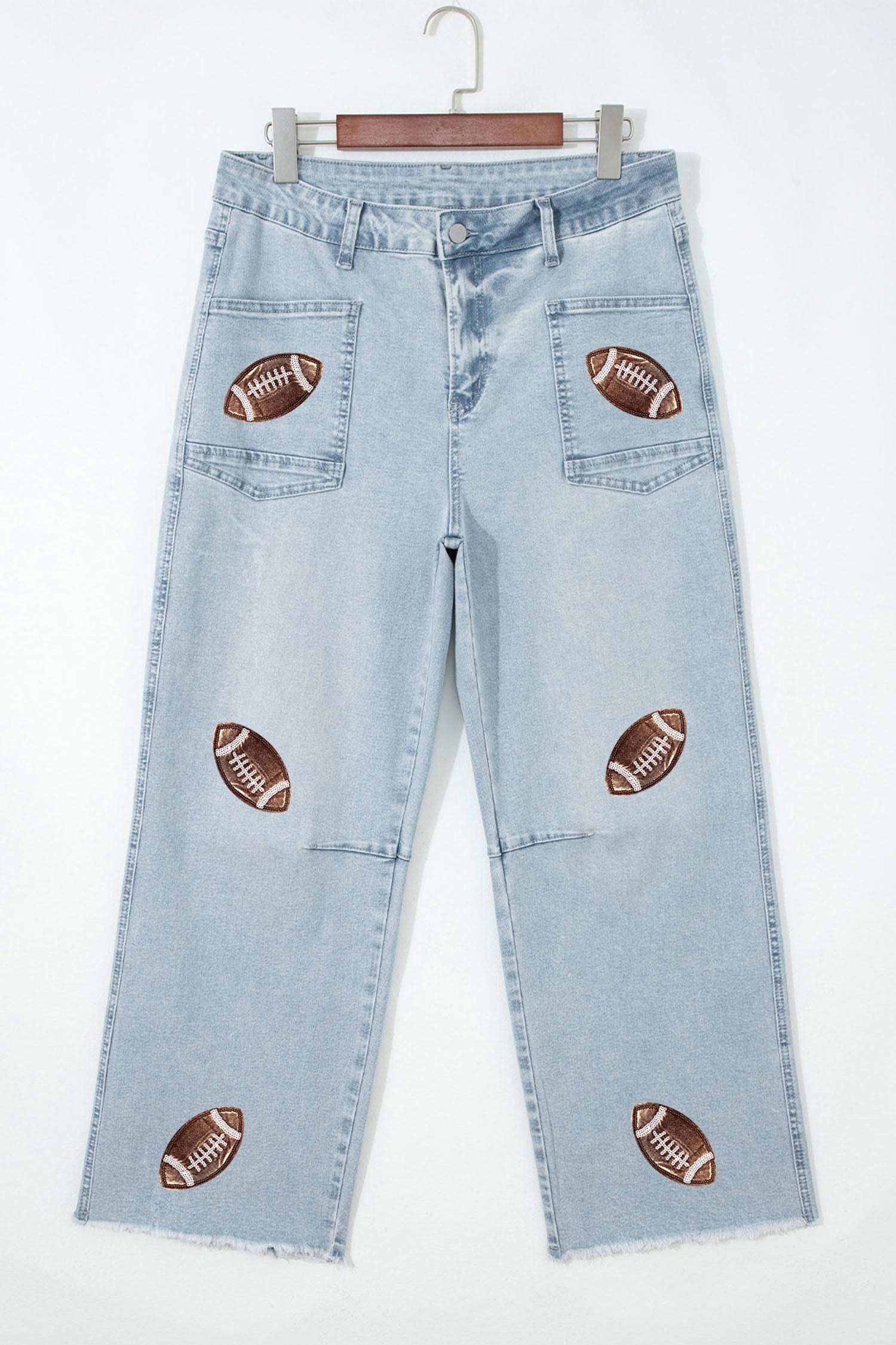 Beau Blue Sequin Detail Patched Rugby Pattern Raw Hem Shift Jeans