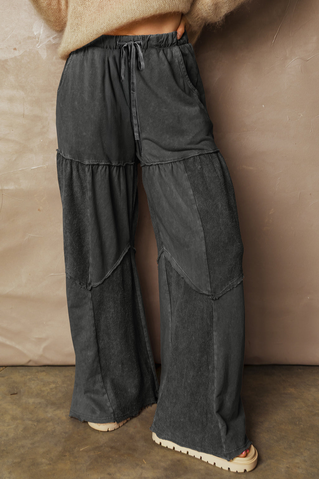 Black Mineral Wash Tiered Wide Leg Patchwork Drawstring Pants