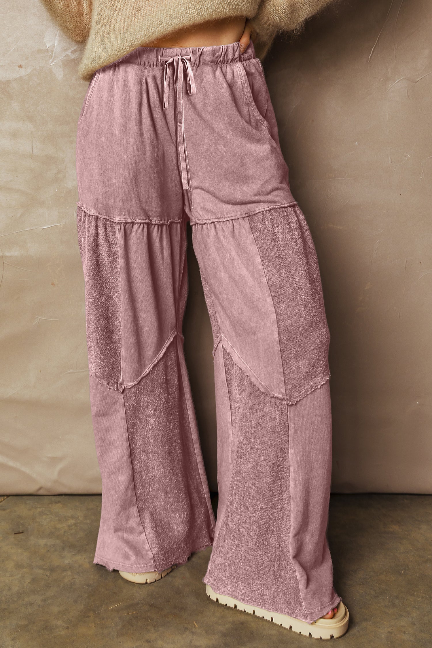 Black Mineral Wash Tiered Wide Leg Patchwork Drawstring Pants