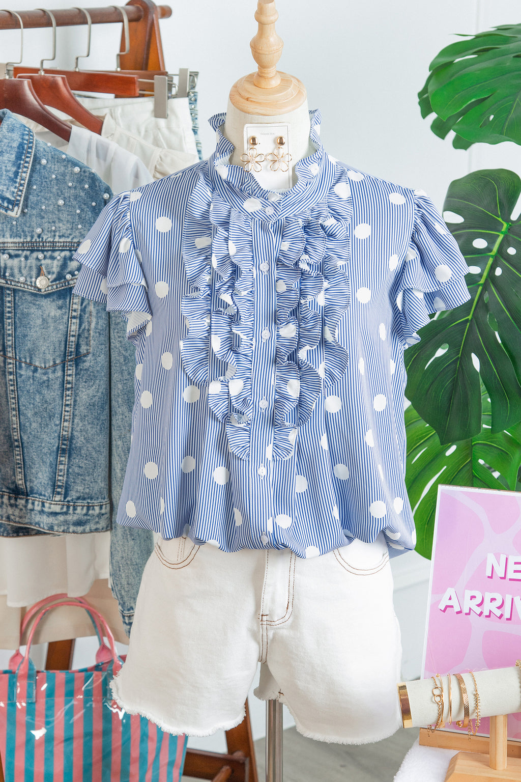 Sky Blue Stripe Contrast Polka Dot Print Pleated Ruffle Sleeve Shirt