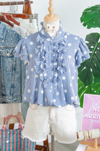 Sky Blue Stripe Contrast Polka Dot Print Pleated Ruffle Sleeve Shirt