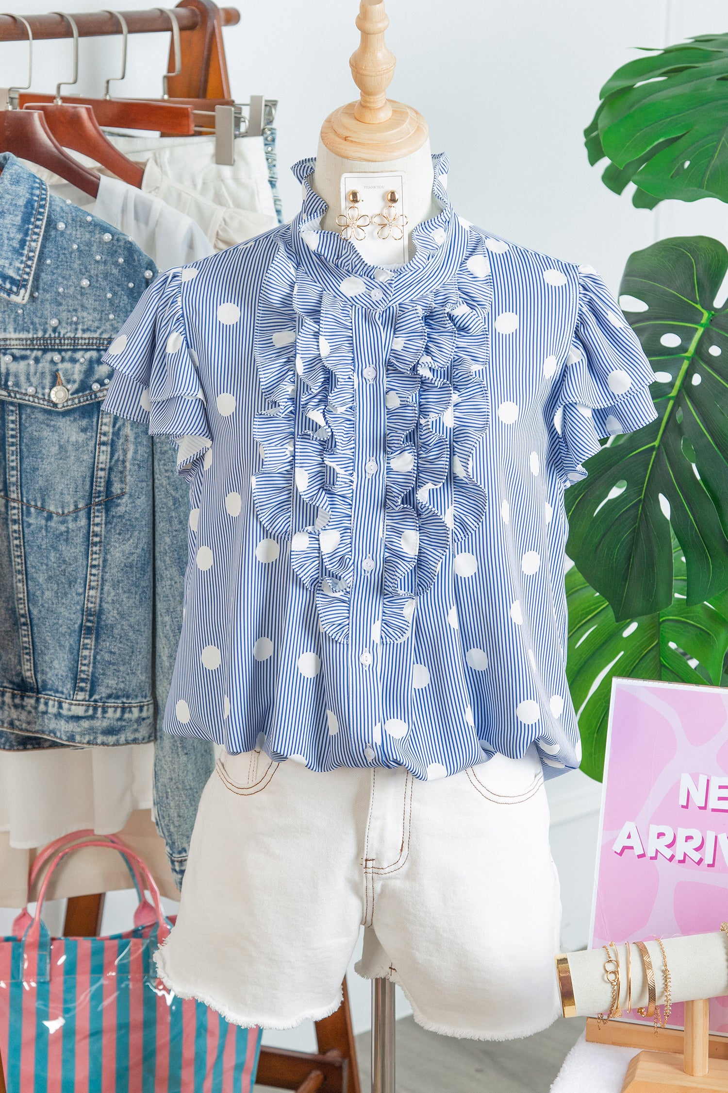 Sky Blue Stripe Contrast Polka Dot Print Pleated Ruffle Sleeve Shirt