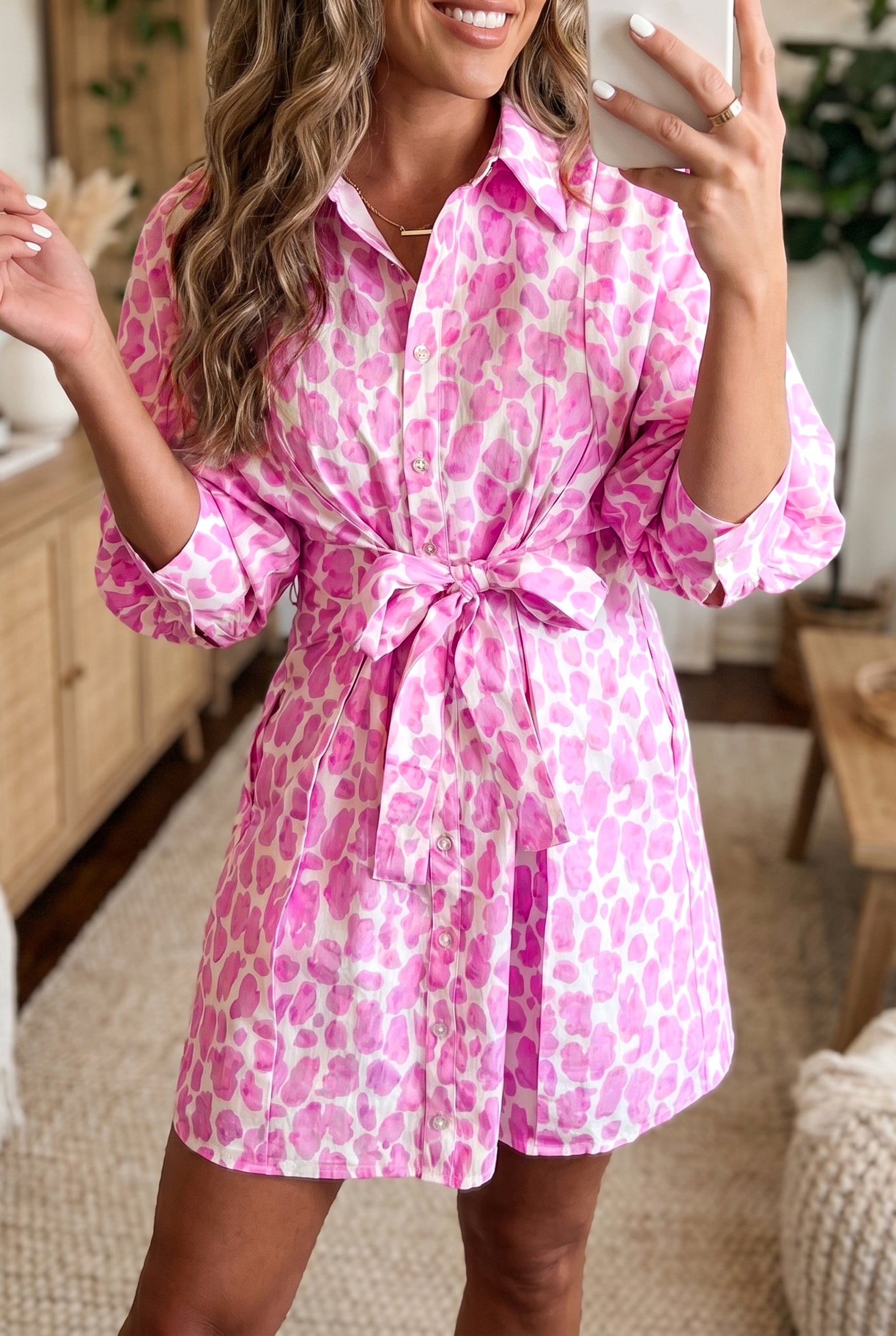 Leopard Print Mini Shirt Dress – Tie Waist Puff Sleeve