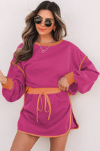 Evergreen Color Contrast Loose Pullover and Lace-up Waist Skort Set