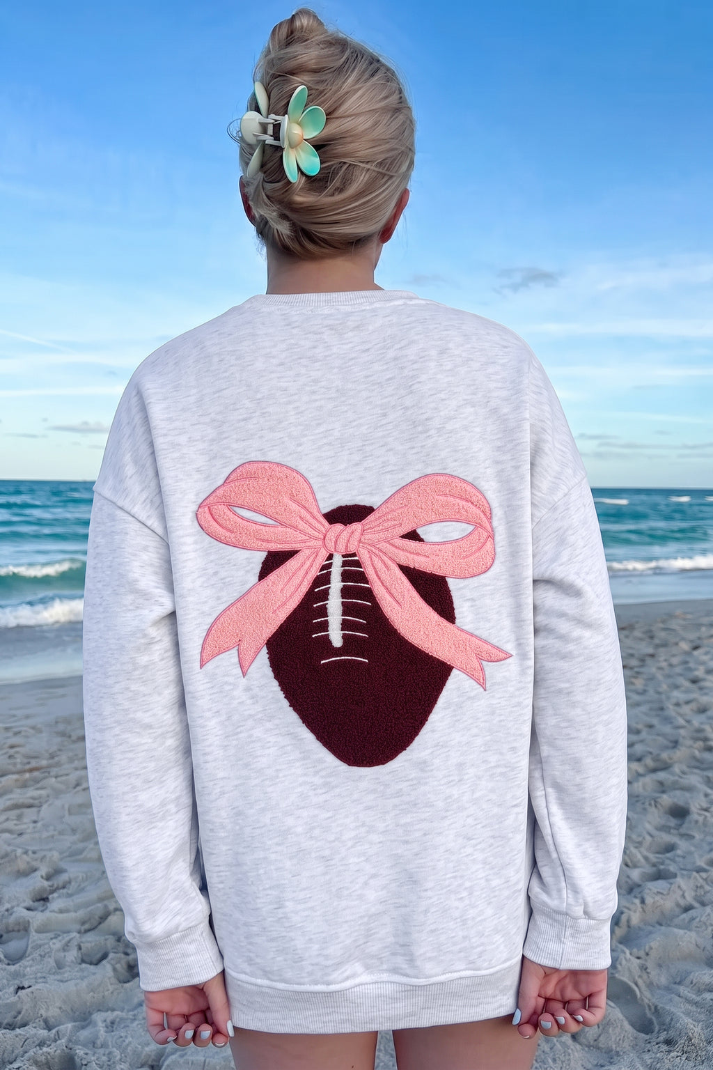 Light Grey Embroidered Football Bow Back Long Sleeve Sweatshirt