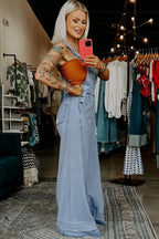 Mist Blue Retro Distressed Button Adjustable Straps Denim Overall Jumpsuit