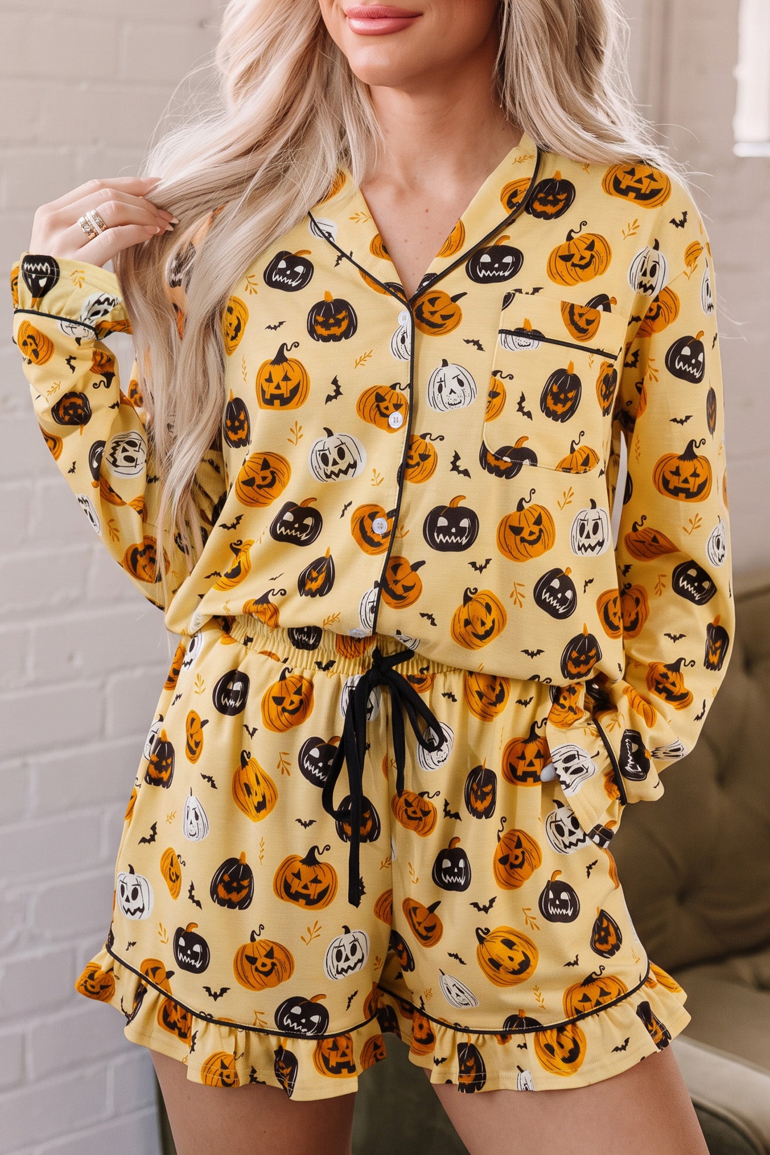 Orange Long Sleeve Ruffle Pumpkin Face Print Two Piece Lounge Set