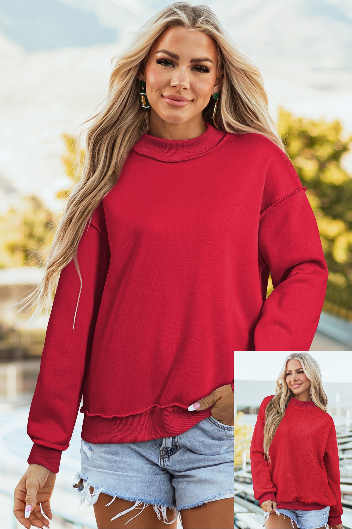 Light Pink Oversize Drop Shoulder Reversible Mock Neck Sweatshirt