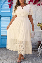 Apricot Plus Size V Neck Lacy Embroidery Patchwork Short Sleeve Maxi Dress