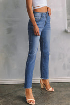 Sky Blue Double Button Raw Hem Slim Fit Jeans