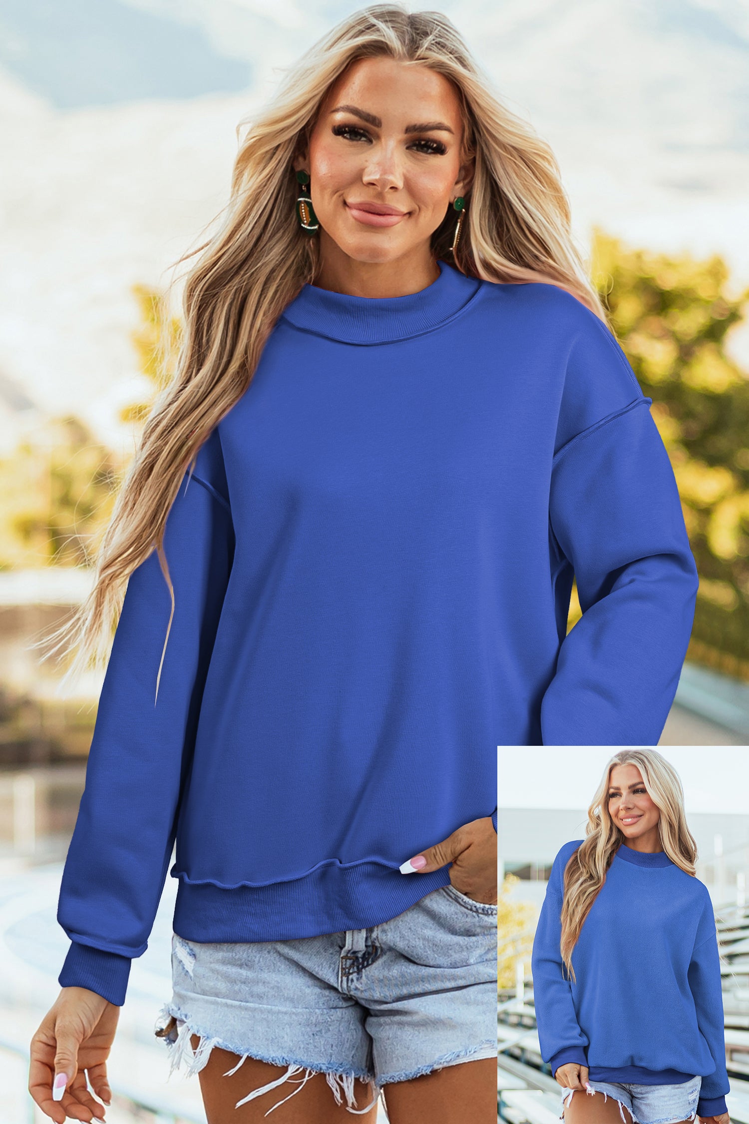 Light Pink Oversize Drop Shoulder Reversible Mock Neck Sweatshirt