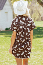 Brown Cowgirl Hats Boots Cactus Print Raw Edge Button Down Short Denim Dress
