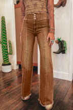 Coffee High Waist Button Fly Seamed Raw Hem Flare Jeans
