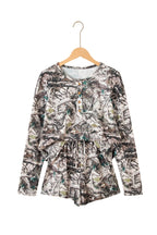 Brown Camo Long Sleeve Top Elastic Waist Shorts Two Piece Set