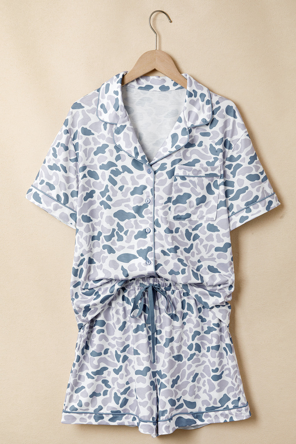 Beige Camouflage Print Lapel Shirt Drawstring 2pcs Short Pajama Set