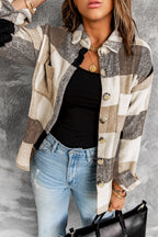 Gray Plaid Color Block Buttoned Long Sleeve Jacket with Pocket