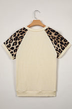 Apricot Ribbed Color Block Leopard Contrast Sleeve Loose Tee