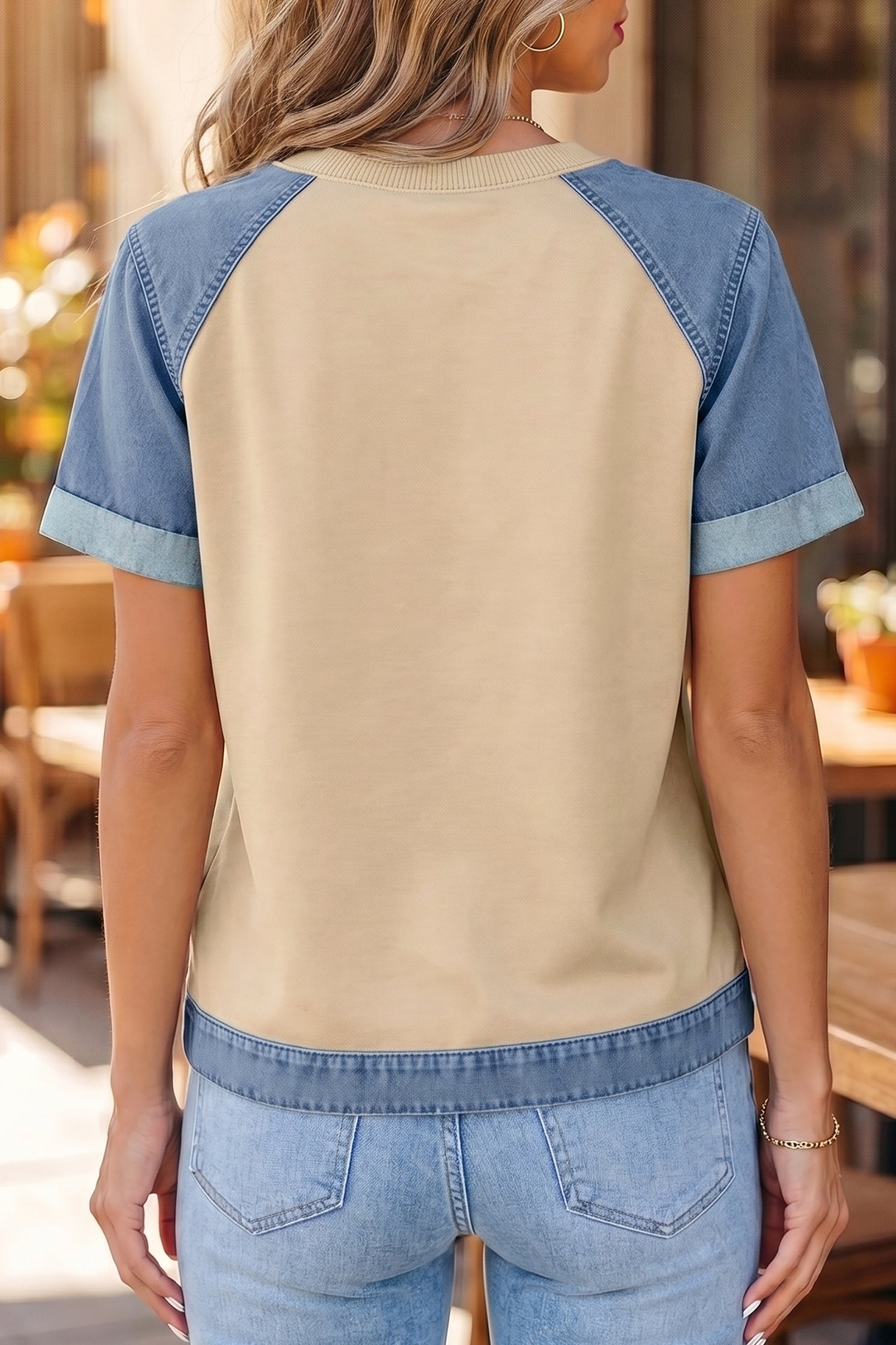 Beige Denim Color Block Patchwork Round Neck Tee