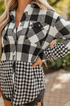 Black Double Plaid Patchwork Drawstring Hooded Shacket