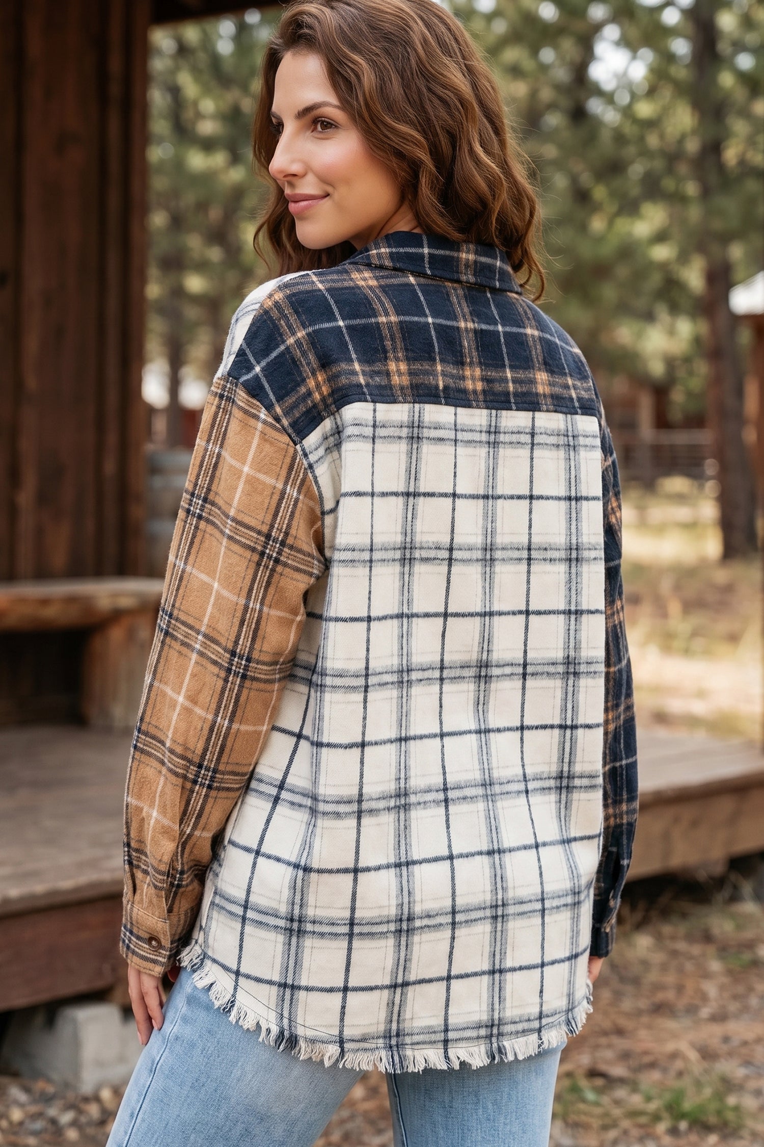 Multicolour Plaid Button-Up Long Sleeve Shift Silhouette Shacket