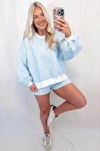 Pink Plaid Baggy Pullover Drawstring Casual Shorts 2pcs Outfit