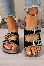 Beige Embroidered Trim Retro Buckle Faux Suede Slippers
