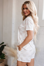 Beige Checkered V Neck Tee Drawstring Shorts Lounge Set