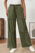 Black Mineral Wash Tiered Wide Leg Patchwork Drawstring Pants
