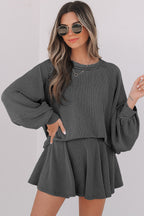 Sky Blue Corded Lantern Sleeve Top High Waist Ruffled Mini Skort Set