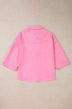 Bonbon Pearl Beaded Raw Hem Button Up Denim Jacket