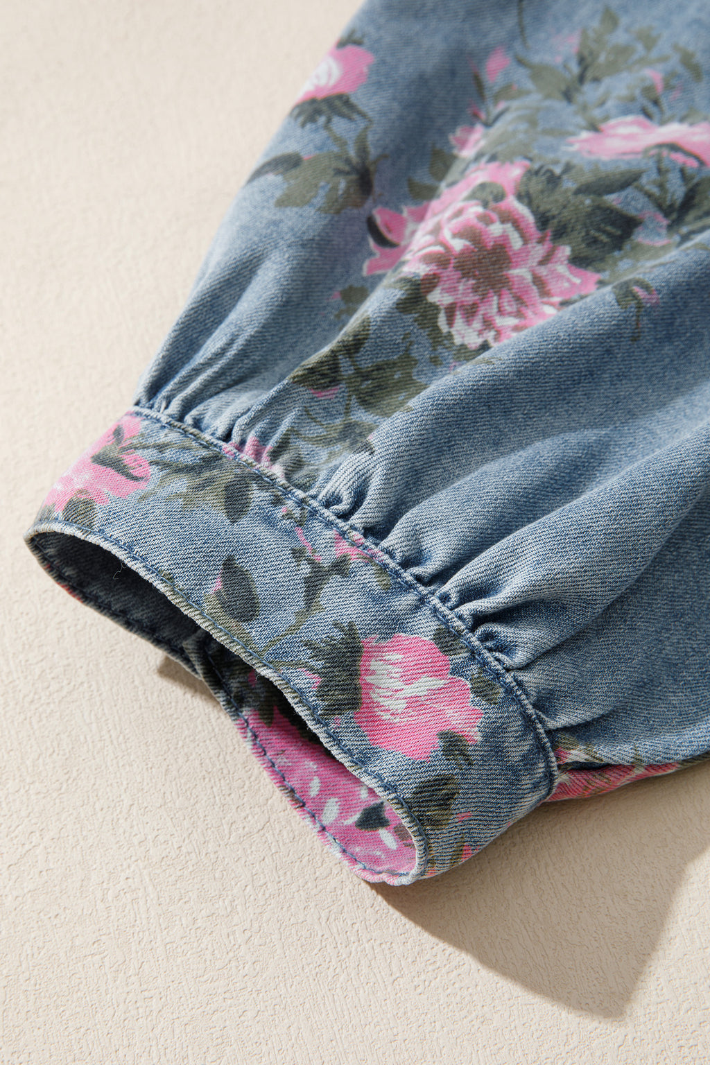 Blue Bracelet Sleeve Floral Denim Shirt
