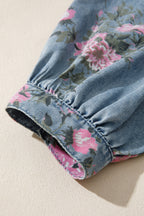 Blue Bracelet Sleeve Floral Denim Shirt