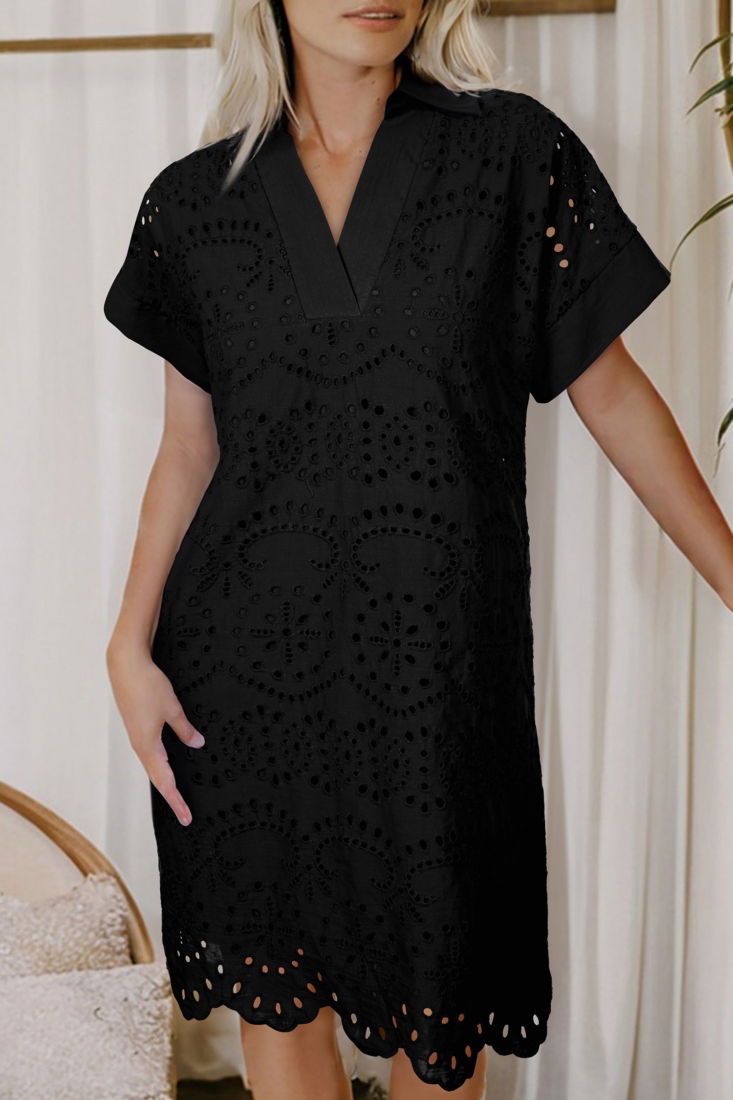 White Solid Color Eyelet Embroidered T Shirt Mini Dress